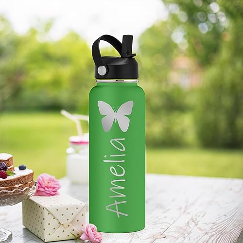 Miniatura 6 de Botella de agua personalizada con tapa de pajilla, botella de agua grabada personalizada de 40 onzas con nombre, botellas de agua de acero