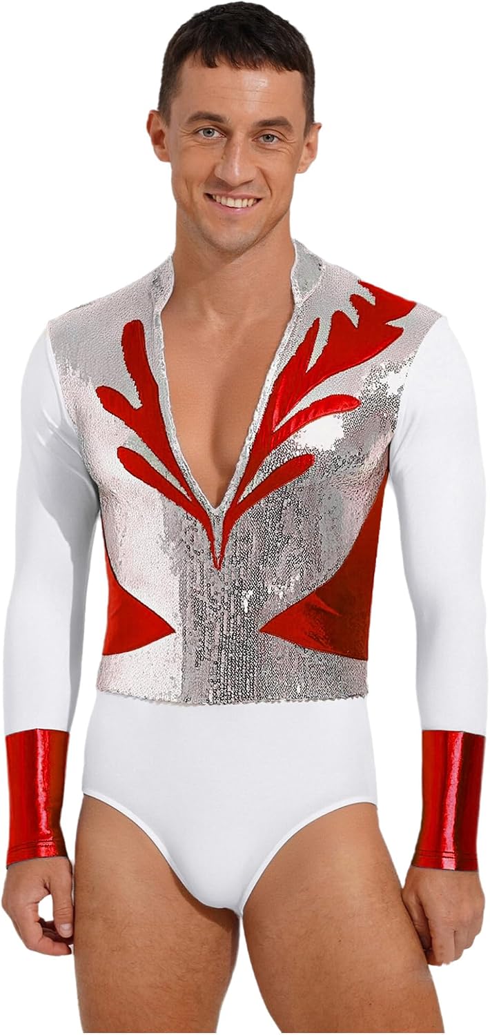 Shinsto Men's Figure Skating Dance Leotards Long Sleeve High Cut Shiny Ballet Jazz Tango Dance Costumes