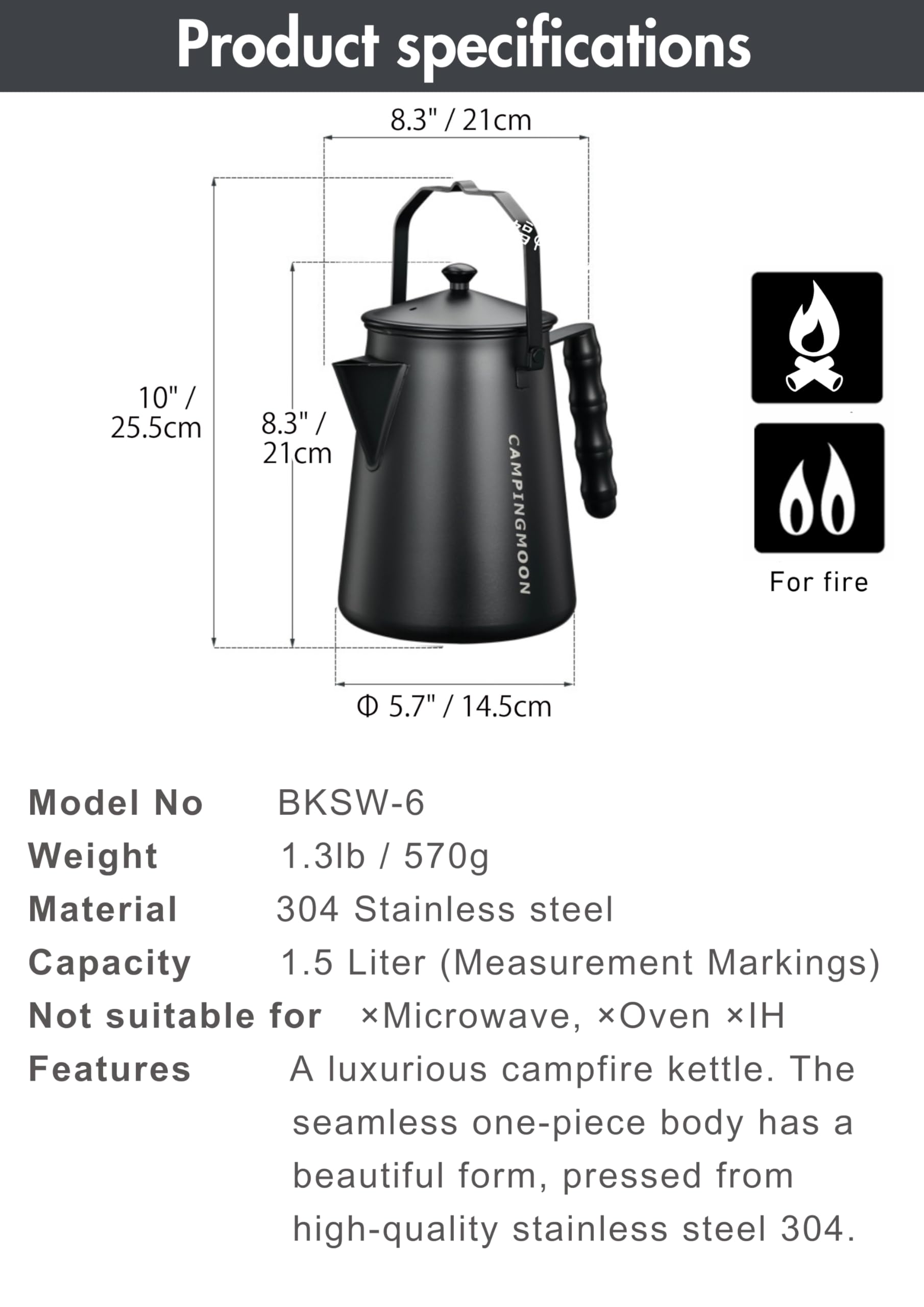 CAMPINGMOON BKSW-6 - Hervidor de acero inoxidable para fogata de 1,5 L, color negro