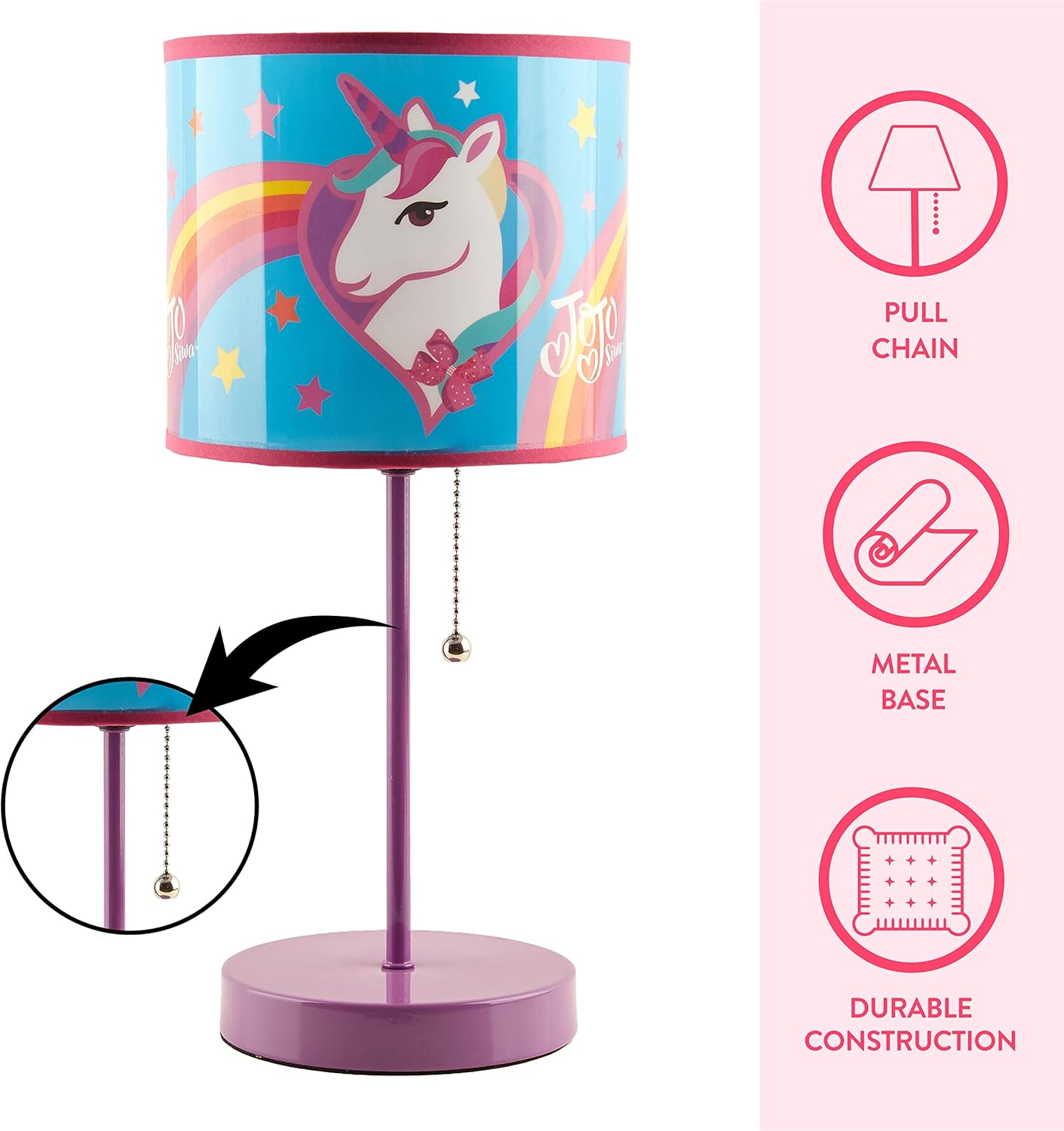 Idea Nuova JoJo Siwa Unicorn Stick Table Kids Lamp Metal with Pull Chain, Themed Printed Decorative Shade