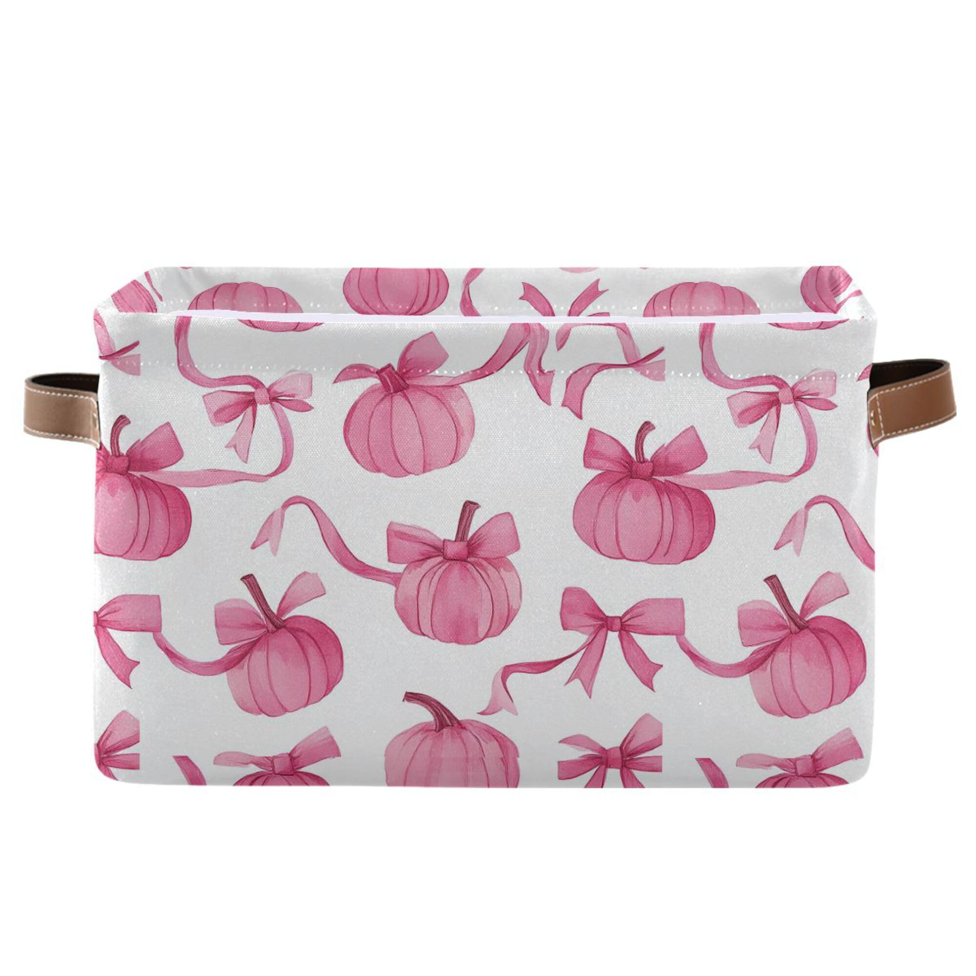 Wamika Pumpkin Bow Pink Storage Basket with Waterproof Liner and PU Handles Fall Storage Bins Boxes 14.2" Collapsible Decorative Organizer Baskets for Bedroom Closet Office 1 Pack