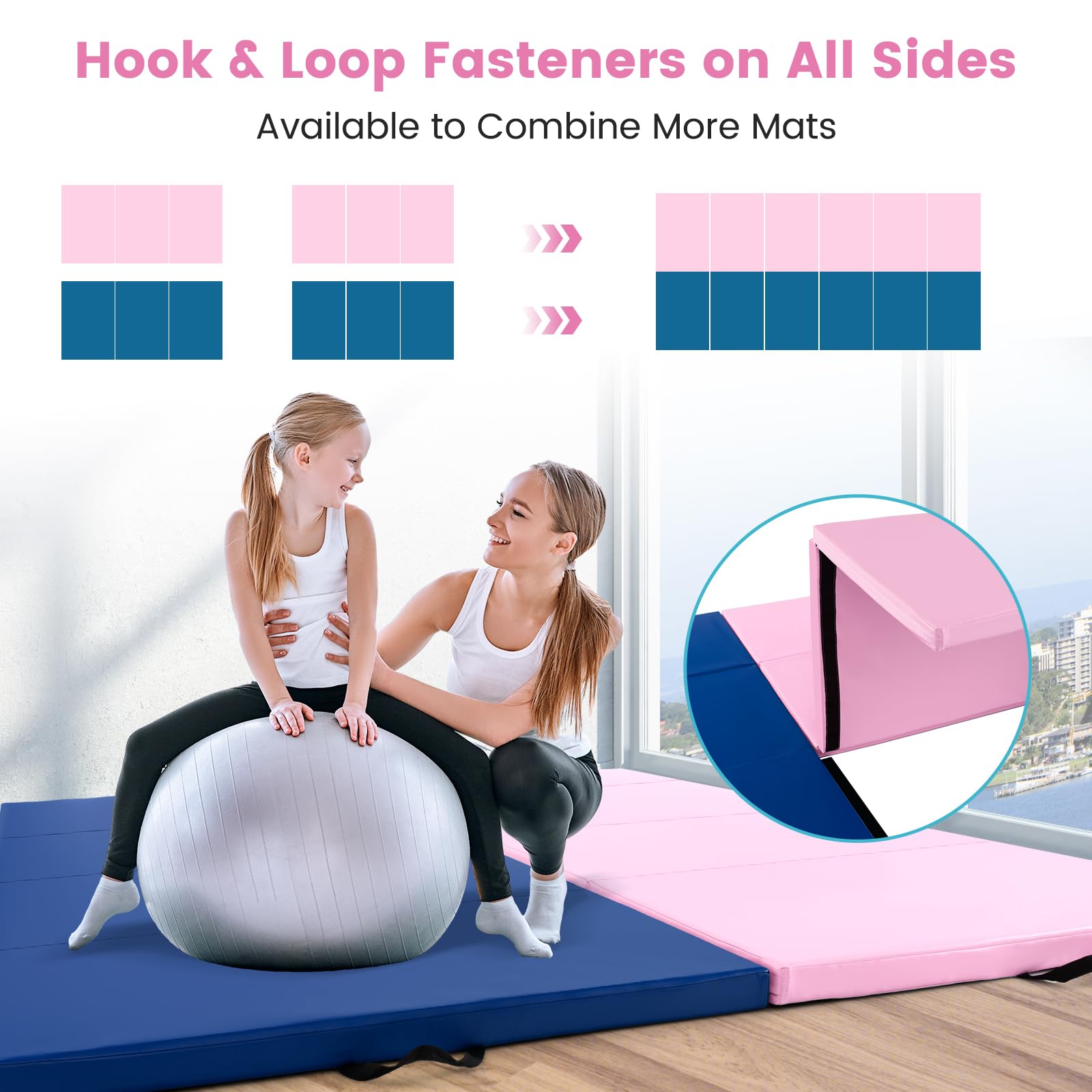 FANTASK Gymnastikmatte klappbar, 300 x 120 x 5 cm, Weichbodenmatte aus PU mit Tragegriffen & Kletterverschluss, Yogamatte, Fitnessmatte für Gymnastik, Yoga (Hellrosa)