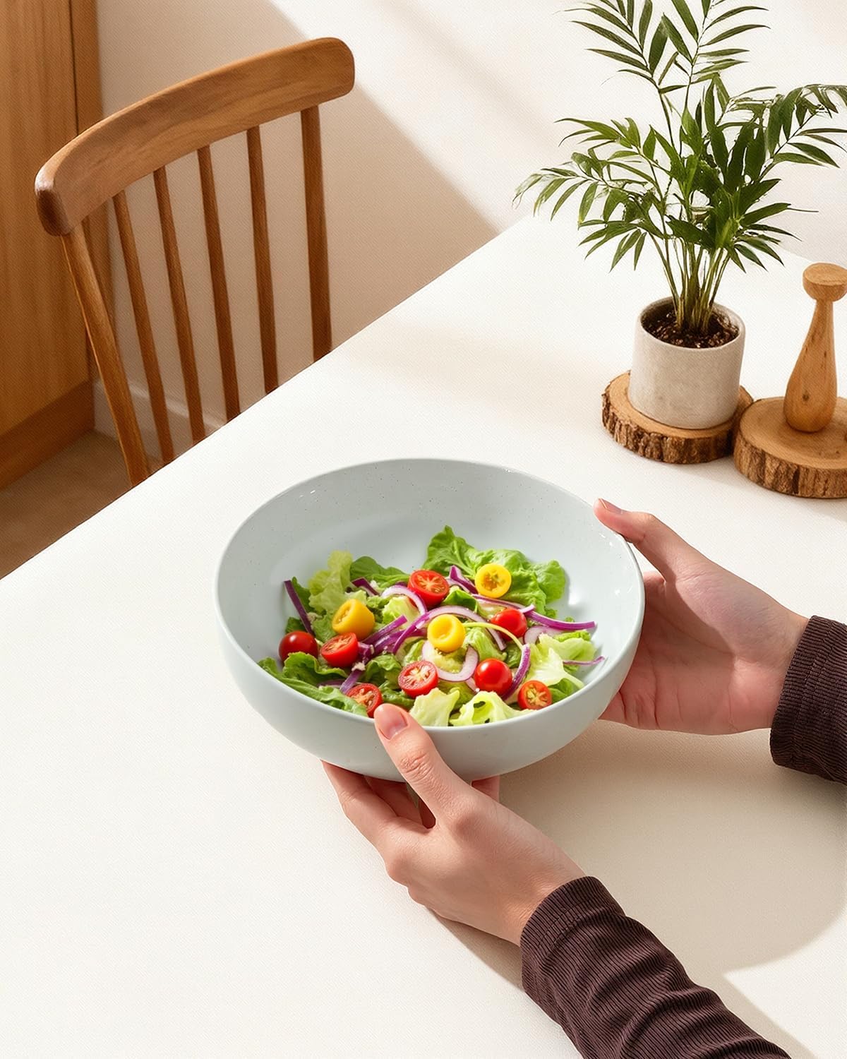 Pasta Bowls Set of 8, 34oz Speckled Ceramic Bowls Set for Serving Salad, Pasta, Soup, Dinner, 8" Wide and Deep Bowls, Dishwasher & Microwave Safe, Matte Terracotta Base (Gray White)