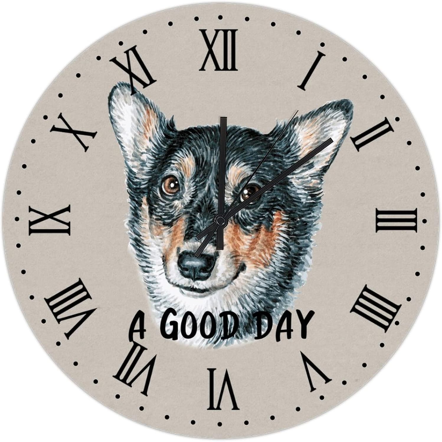 Lancashire Heeler A Good Day Hanging Clock 12in Roman Numerals Wood Wall Clock Silent Non Ticking Tuscan Style Valentine's Day Gift Popular Wall Decor for Hallway Sewing Room Shop Garage