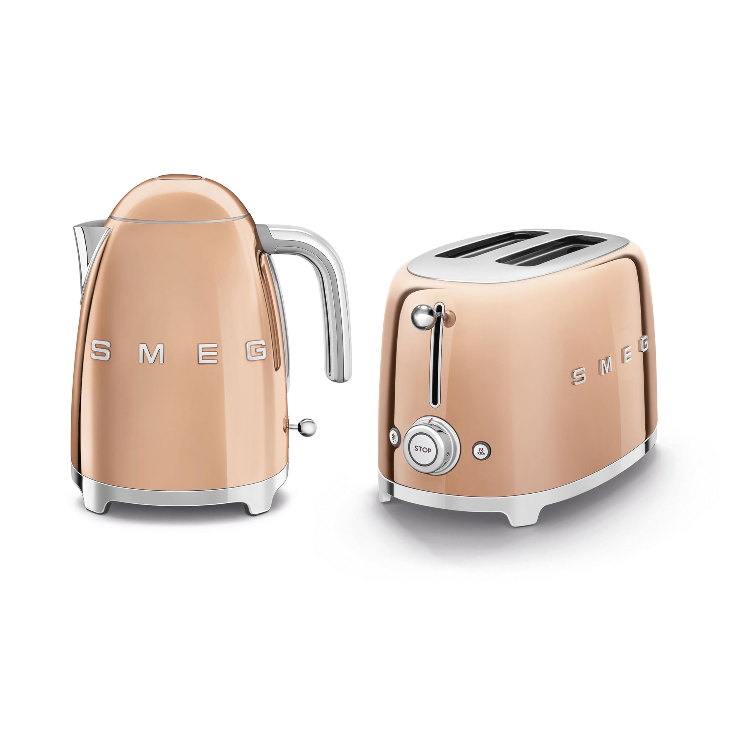 Smeg 50’s Style Retro Range Breakfast Set, 1.7L 3000W Kettle and Multi Functional Control 2 Slice 950W Toaster, Rose Gold, KLF03RGUK, TSF01RGUK