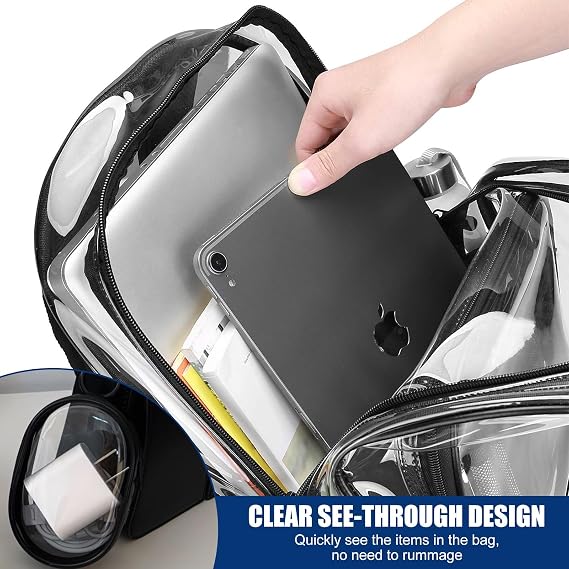Clear Backpack - PVC Waterproof Transparent Bag, Large Capacity See Through Backpack with Data Cable Storage Bag, Clear School Rucksack with Adjustable Straps for College Work Travel Concert Sports