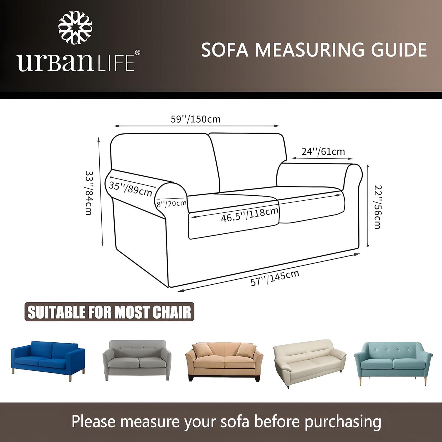 URBANLIFE 1-Piece Stretch Sofa Slipcovers for 2 Cushion Loveseat Couch, Super Stretch Non-Slip Sofa Cover with Elastic Bottom, Machine Washable Furniture Protector for Kids & Pets, Dusk Blue Gray