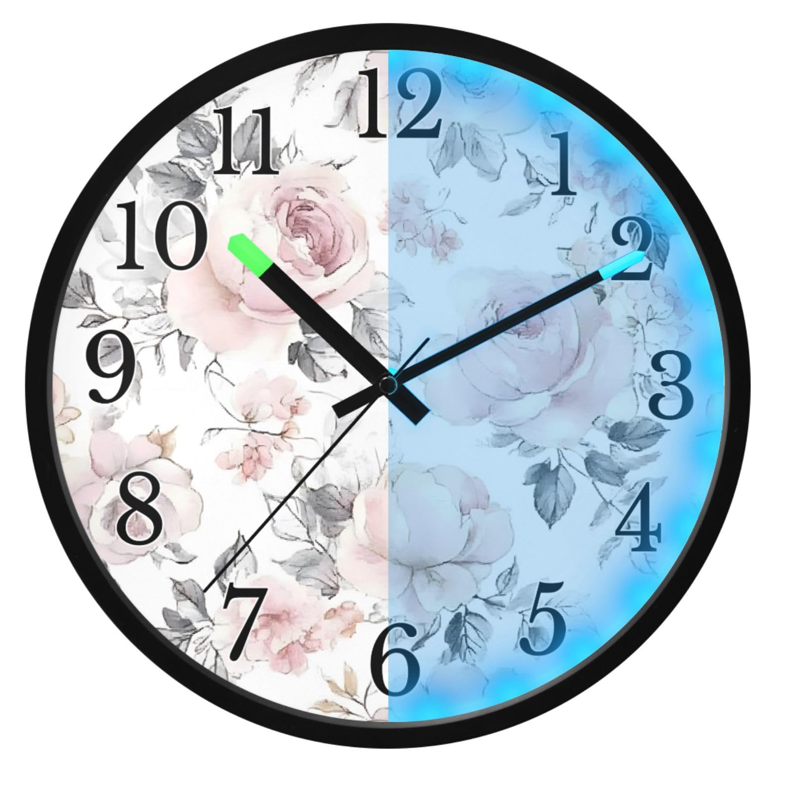 Mnsruu Reloj de pared luminoso con diseño de rosas rosas, hojas grises, funciona con pilas, silencioso, brilla en la oscuridad, para sala de estar, cocina, 12 pulgadas