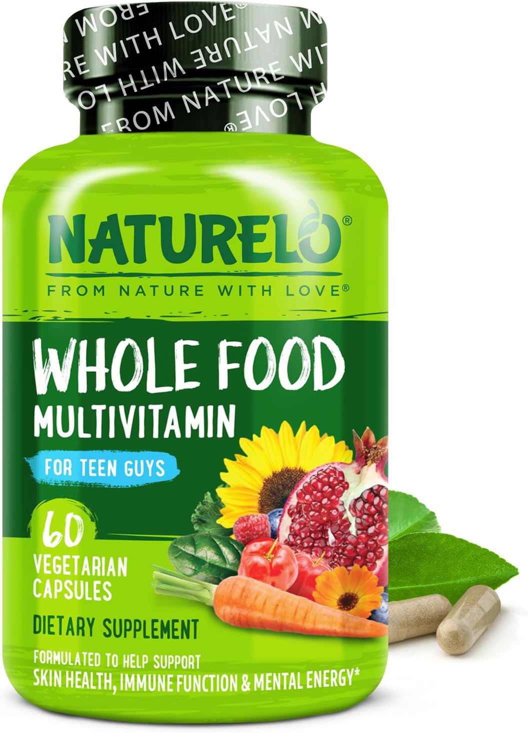 Whole Food Multivitamin for Teenage Boys - Vitamins and Minerals Supplement for Active Kids - with Plant Extracts - Non-GMO - Vegan & Vegetarian - 60 Capsules