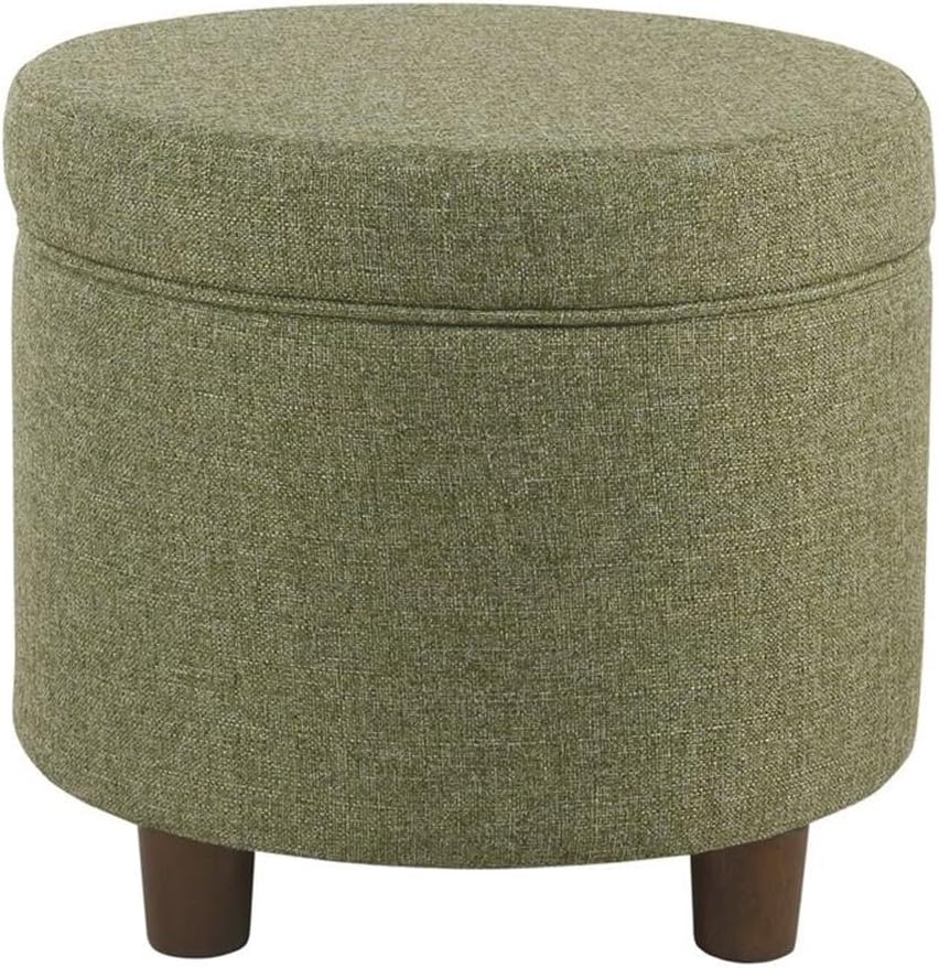Pemberly Row Round Wood and Fabric Storage Ottoman, 18"x19"x19", Green Tweed Upholstery with Hardwood Legs, Lift-Off Lid, Mid-Century Style, Multifunctional Furniture for Living Room or Bedroom