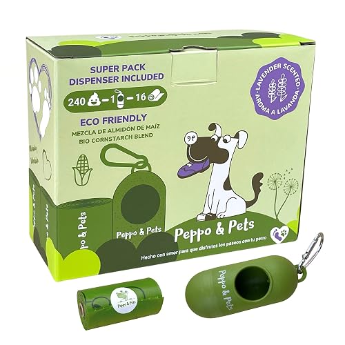 Peppo and Pets - 240 Bolsas Caca Perro -16 rollos +1 Dispensador de caña de bambú-Mezcla de almidón de maíz…