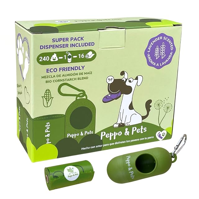 Peppo and Pets - 240 Bolsas Caca Perro -16 rollos +1 Dispensador de caña de bambú-Mezcla de almidón de maíz…