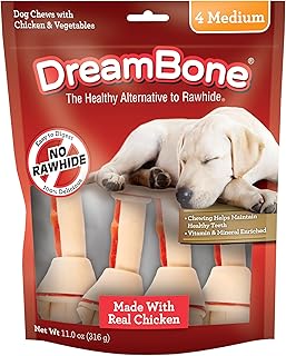 DreamBone Medium Bone Rawhide-Free Dog Treats With Real Protein, 4 Count | Daily Chew, Digests Safely and Completely, Made With Real Chicken and Veggies, For Adult Dogs