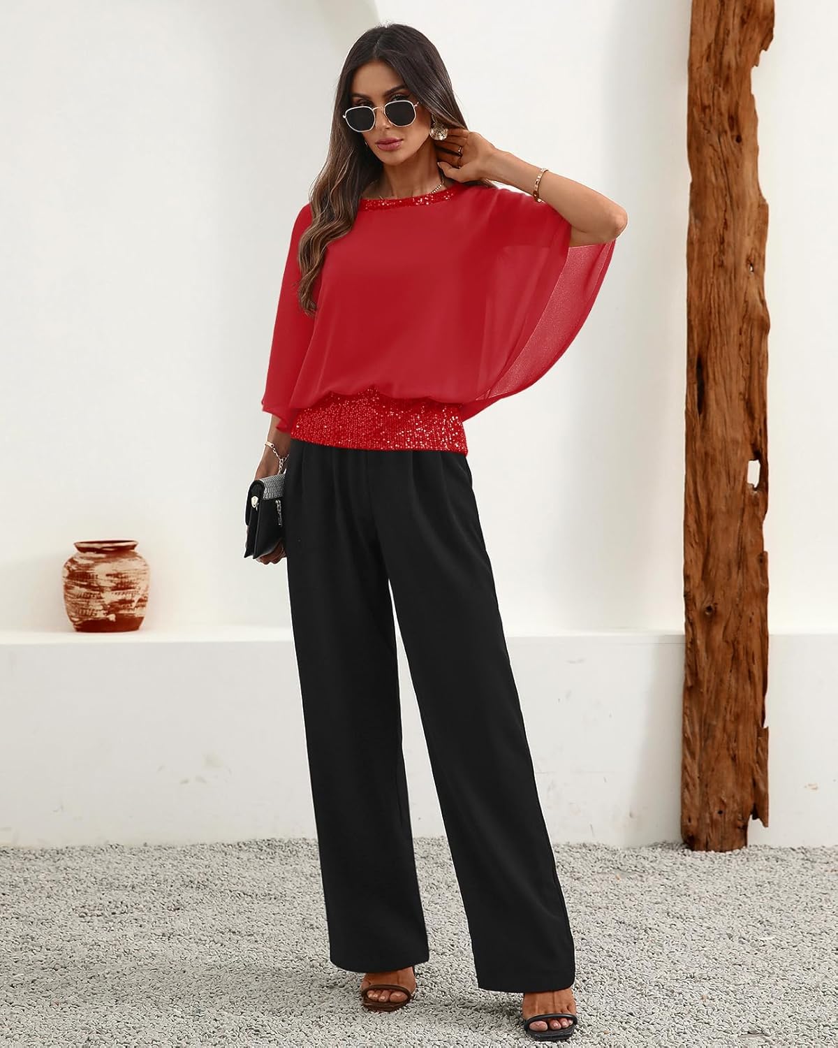 For G and PL Women's Dressy Sequin Formal Top 3/4 Dolman Sleeve Chiffon Shirt Blouses - Image 4