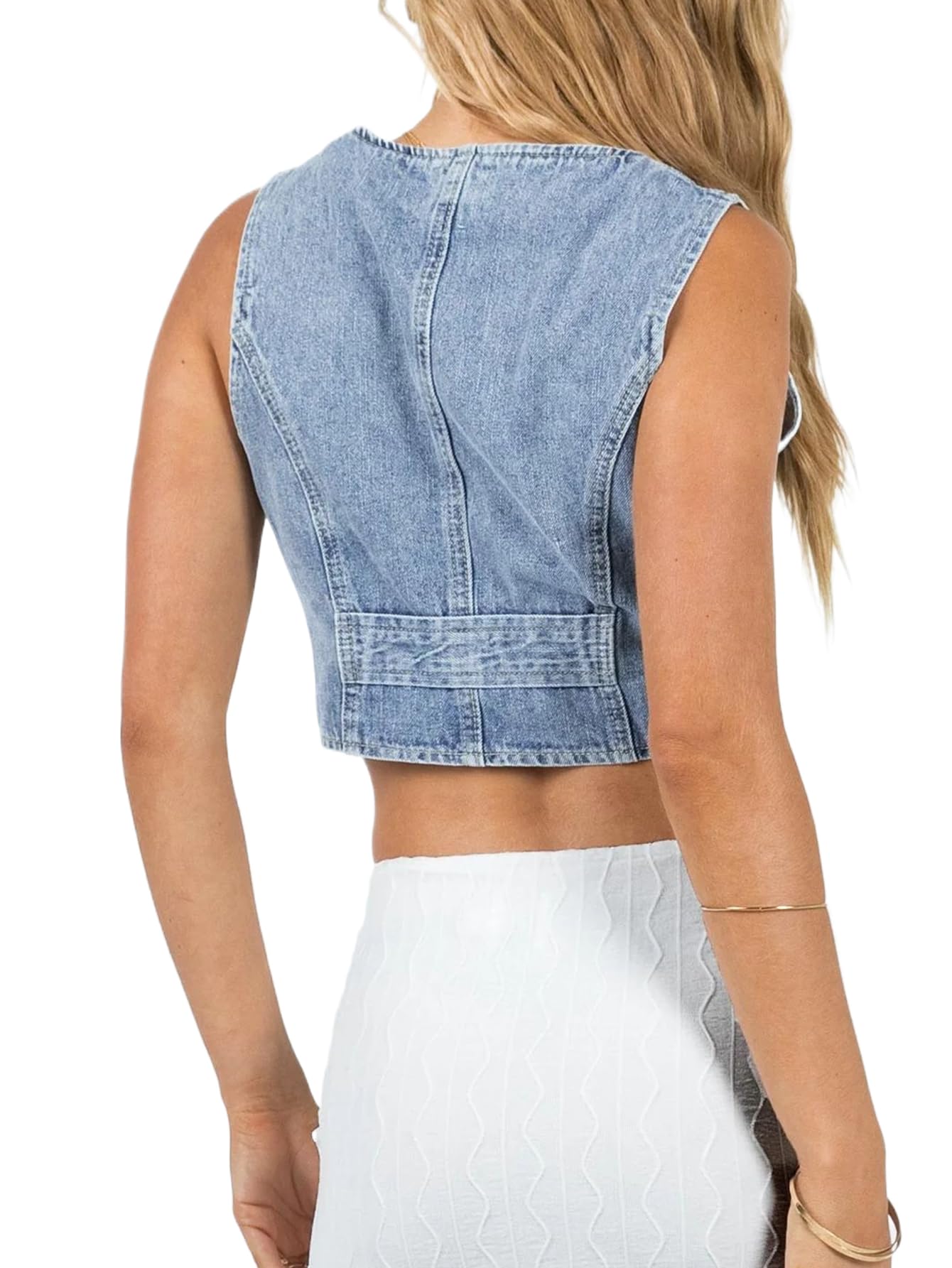 PAODIKUAI Camicetta da donna con collo alto, in denim, senza maniche, con fibbia, B-blu, L