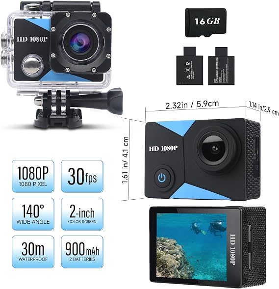 Waterproof Action Camera 1080P HD Sports Cam with 2 LCD Screen | 30m diving case, two rechargeable batteries, complete mounting kit for cycling, snorkeling & daily vlog shooting