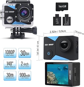 Waterproof Action Camera 1080P HD Sports Cam with 2 LCD Screen | 30m diving case, two rechargeable batteries, complete mounting kit for cycling, snorkeling & daily vlog shooting