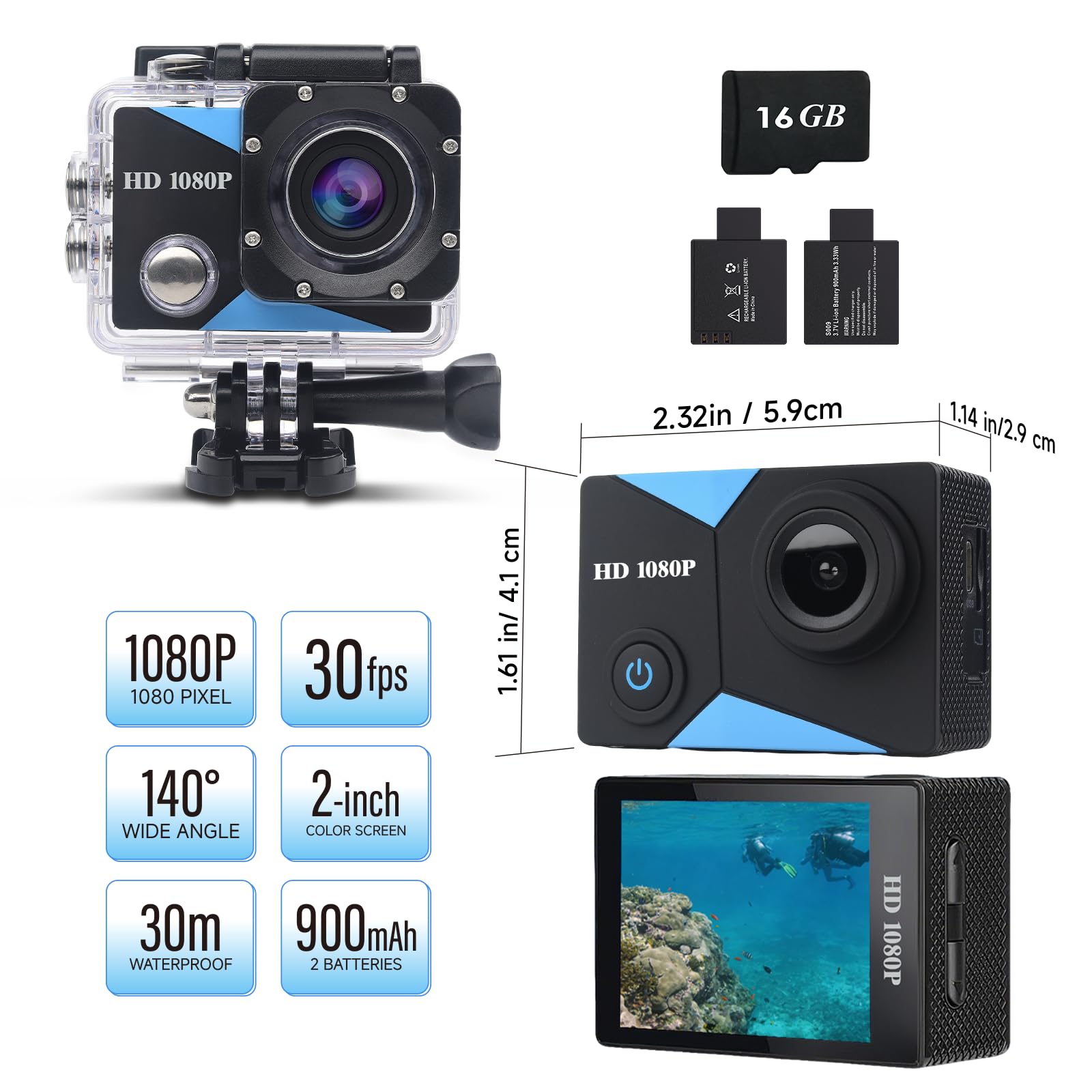 Action Camera 1080P Sport Camera 16GB Scheda di Memoria Action Cam 39,9 m Subacquea Impermeabile con 2 X Batterie con Kit Accessori Adatto per Casco, Bicicletta, ecc.