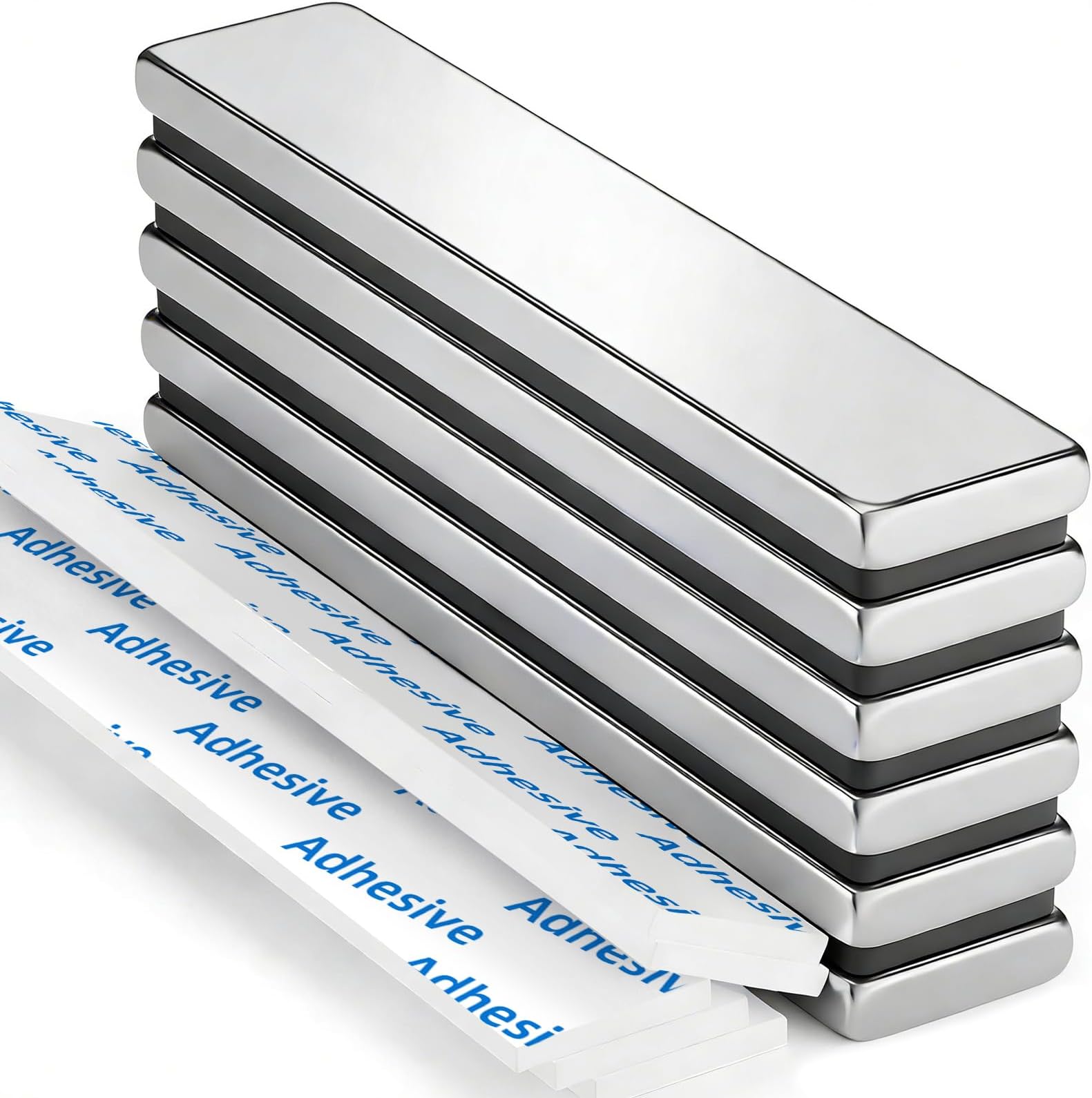 Grtard 6 Pack Strong Magnet, Bar Magnets, Neodymium Magnetic Bar, 60 x 10 x 3 mm Strong Flat Rare Earth Magnets, Powerful Whiteboard Magnet Strips with 6 Pcs Double-sided Adhesive for Multi-Use