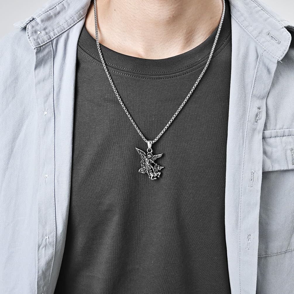 Men Saint Michael Necklace,Stainless Steel Black/Silver/Gold Archangel Pendant Necklace Amulet Jewelry,60cm Rolo Chain