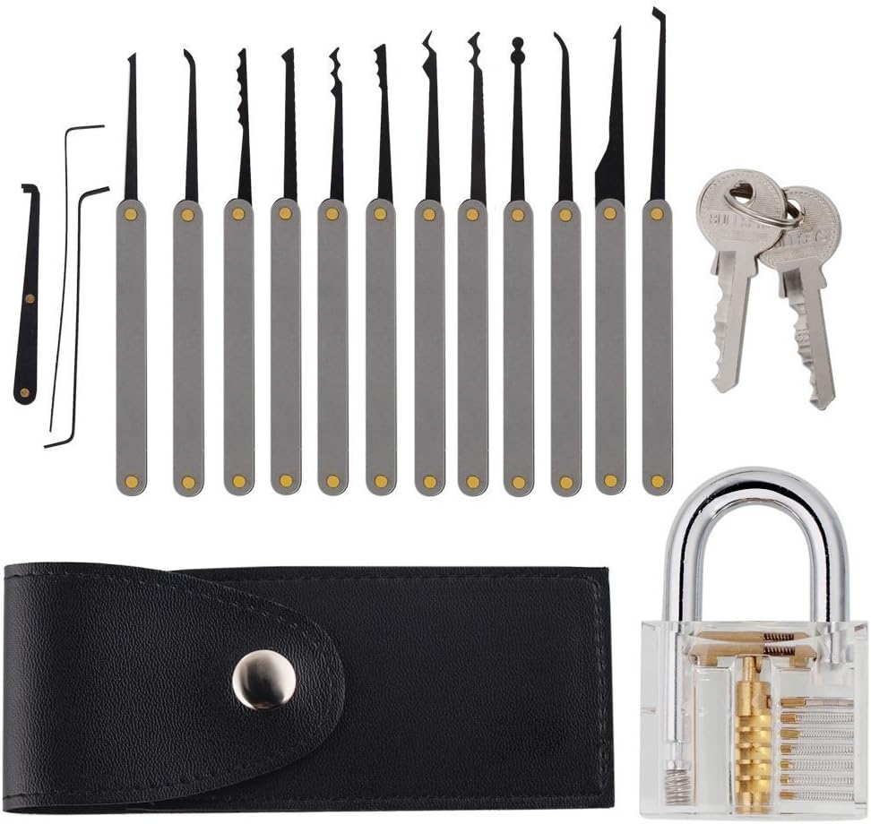 GeMoor18Pcs Practice Lock Pick Set, Lock Picking Tools with Crystal Train Padlocks Extractor Tool Hook, Keys and Gift Box for Beginners Lock Trainer Practice