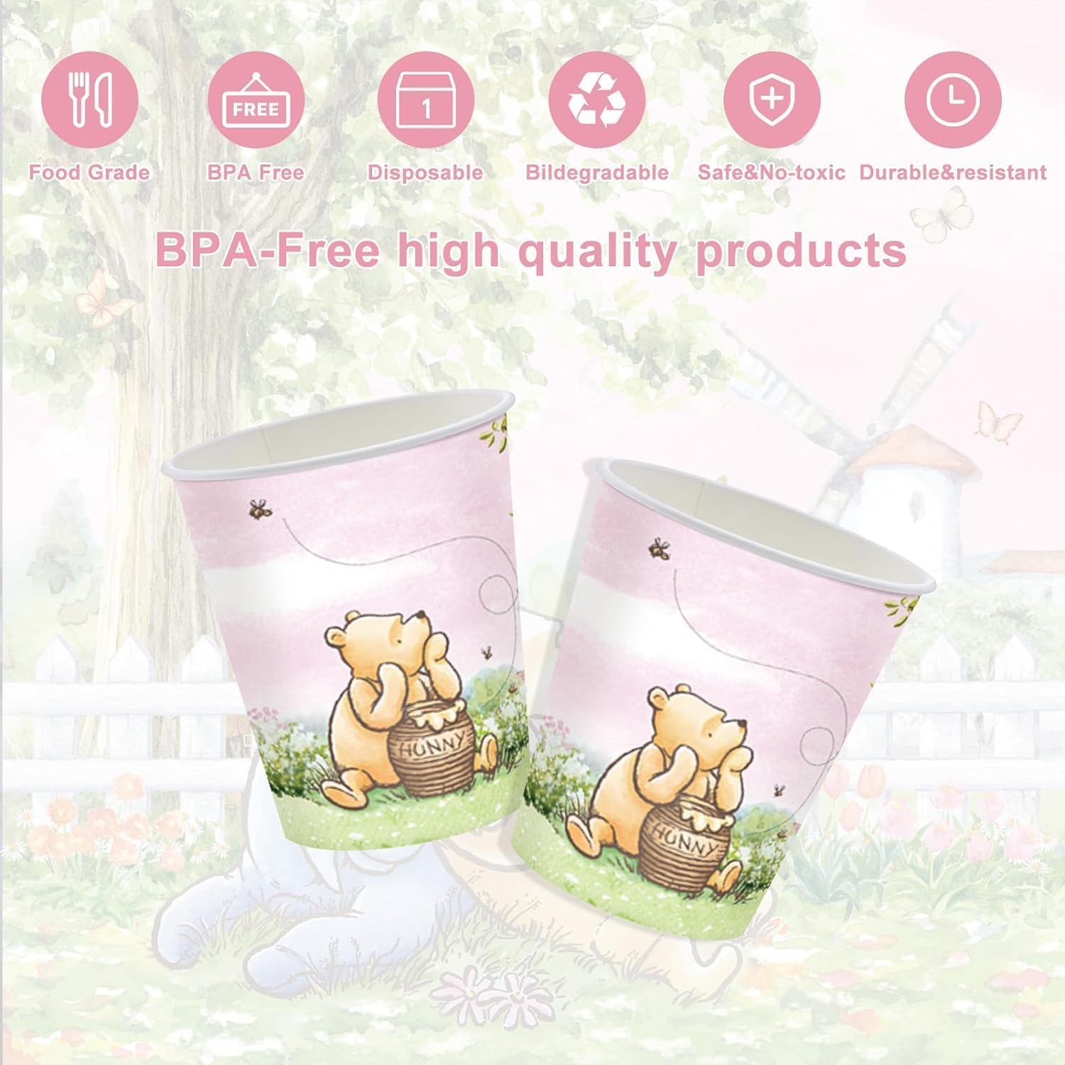 120PCS Pink Classic Bear Party Supplies Babyshower 1st Party Decorations for Kids Girls Birthday Neutral Bear Plates Napkin Cups Tableware Set for 20 Guests image 5