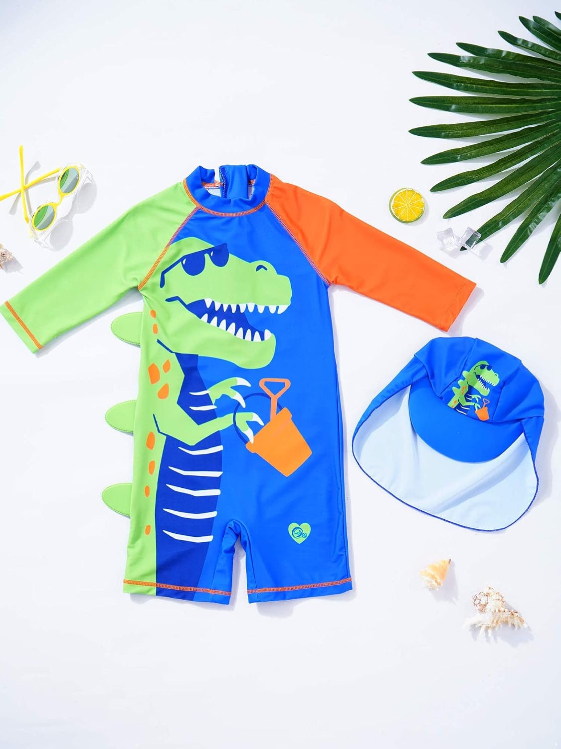 Toddler Baby Boys One-Piece Swimsuit Shark Dinosaur Print Rash Guard Bathing Suit with Hat