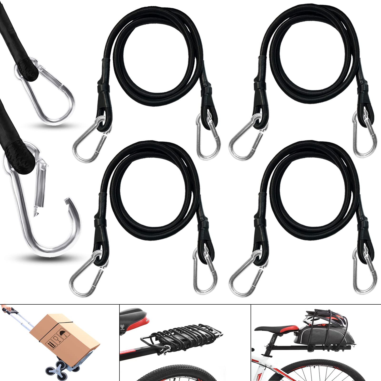 Lot De 4 élastiques Réglables Avec Crochets, Tendeurs De Bagages, Extra Solides, Plats, Avec Crochets En Métal, Cordes En Caoutchouc Pour Bagages, Sécurité De Cargaison, Camping, Moto, 100 Cm, Noir