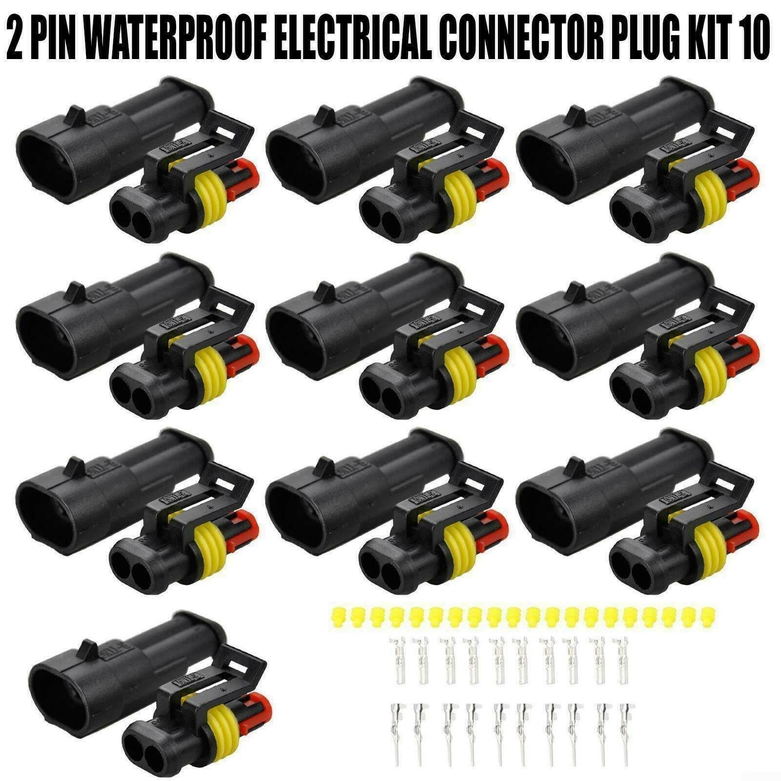 Kit di connettori a 2 poli (10 paia) per auto, moto, barche e roulotte, impermeabile, compatibile con cavi da 0,75 a 1,50 mm², 14 A/24 V, alloggiamento in plastica con contatti in rame