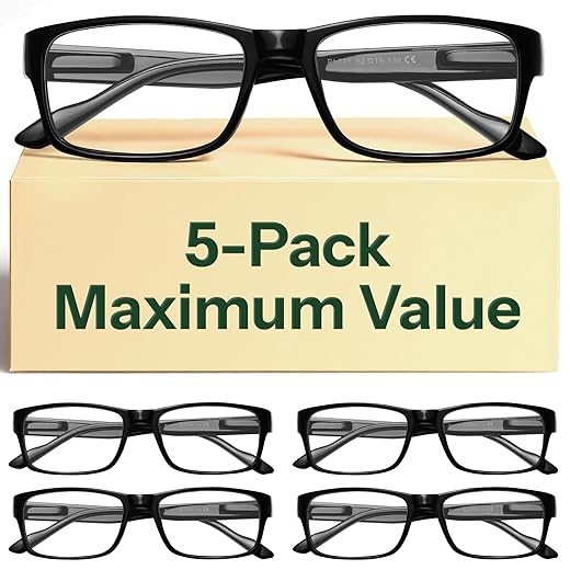 Gaoye 5-Pack Reading Glasses Blue Light Blocking,Spring Hinge Readers for Women Men Anti Glare Filter Lightweight Eyeglasses (5-pack Light Black, 1.5)