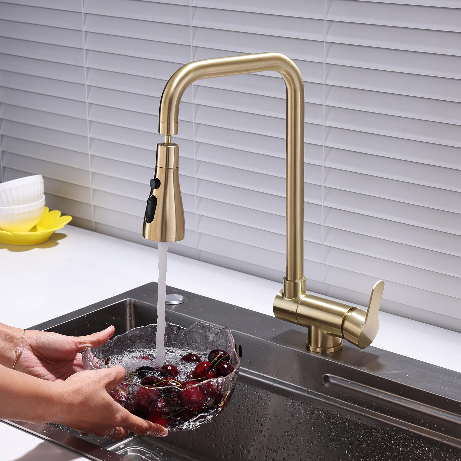 XJTNLB Robinet Cuisine Rabattable Or Brossé en L Robinet Cuisine Rabattable sous Fenetre Mitigeur Évier Une Seule Poignée-3 Modes