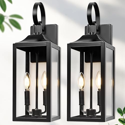 Miniatura 9 de Farol de Pared Exterior Negro de Anochecer a Amanecer de 2 Luces, 19", Aplique de Pared Moderno Grande para Exteriores, Lámpara Industrial para