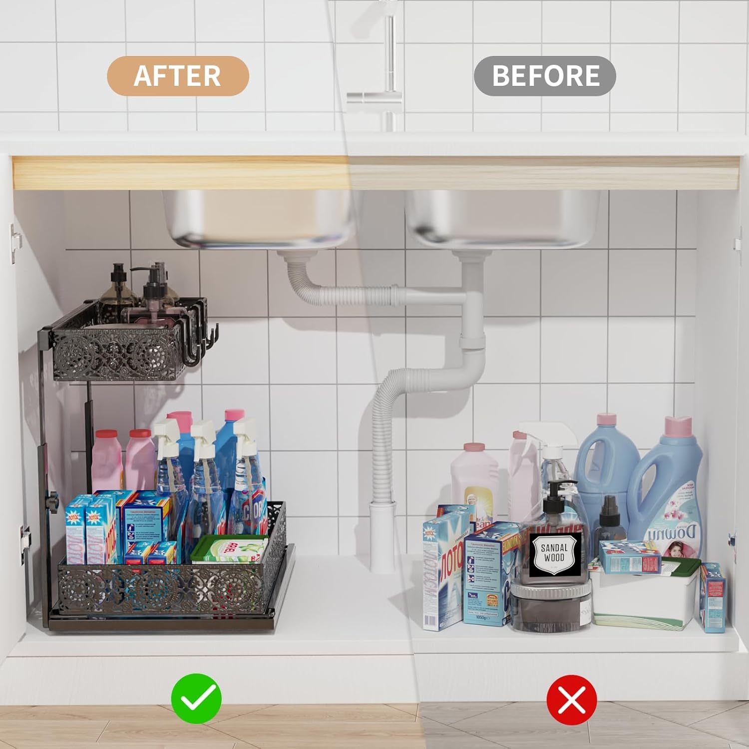 Under Sink Organizer and Storage, Height Adjustable 2-Tier Under Sink Shelf with Sliding Drawer and 4 Hooks, Metal Multi-Use Cabinet Under Sink Storage for Bathroom and Kitchen (Black)