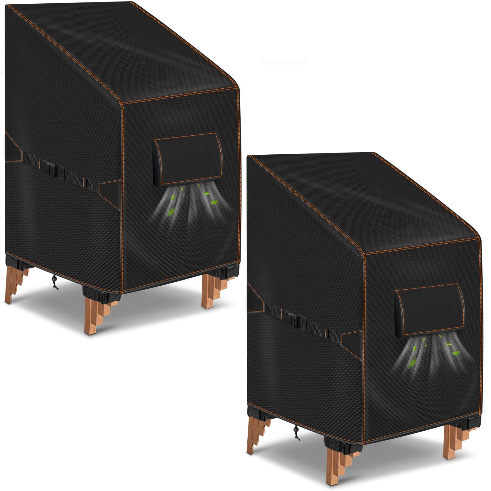 Lot de 2 Housses de Protection Imperméable pour Chaises de Jardin Empilables, 64x64x70/120 cm en Tissu Oxford 420D, Anti-UV Chaise Jardin Extérieur avec Aération, Housse Anti-Vent pour Balcon, Noir