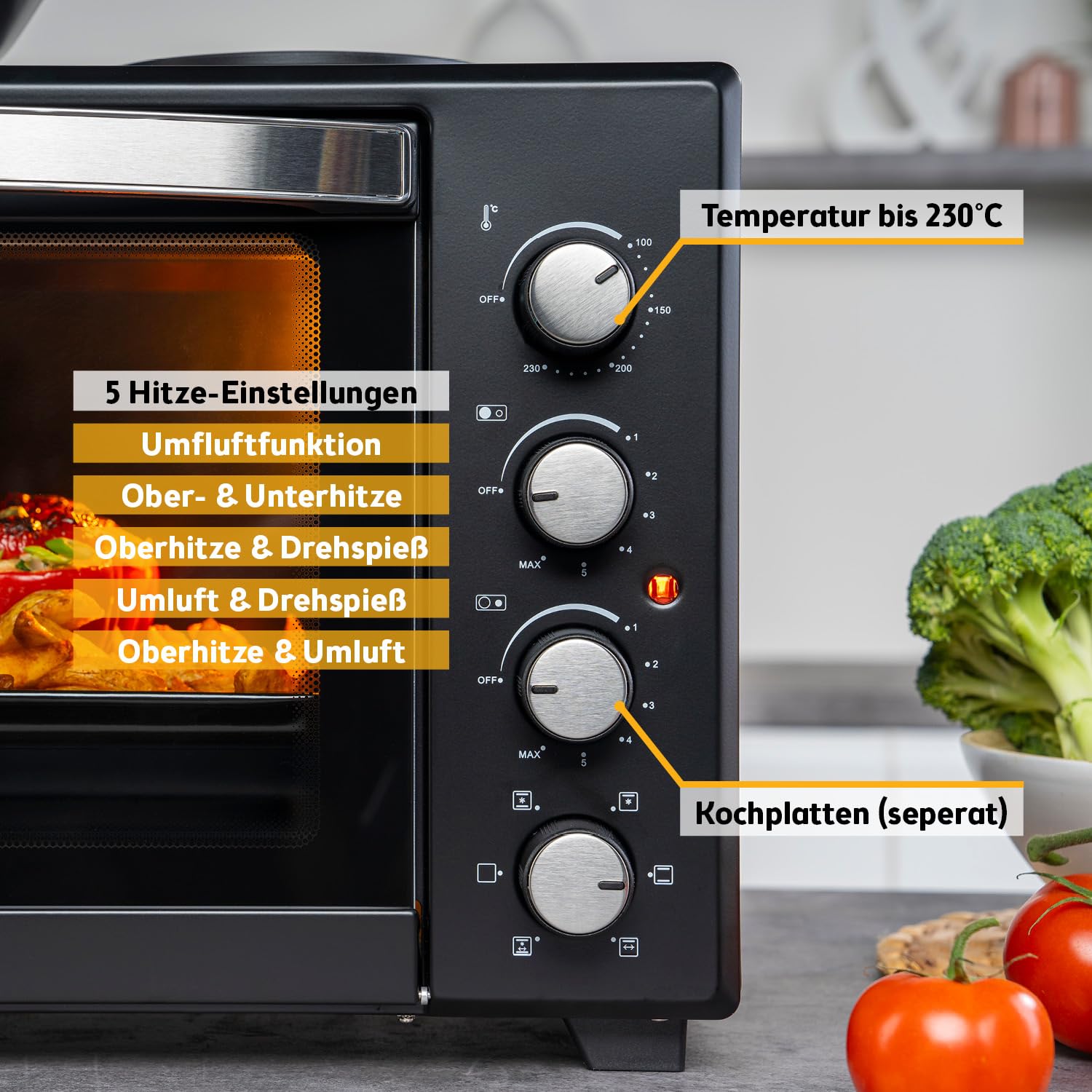 TZS First Austria - Minibackofen mit Kochplatten 45L 3200 W - Mini Backofen Pizzaofen mit Herdplatten bis 230°C & Antihaftbeschichtung - Miniofen Kombigerät mit 4 Einschubhöhen & hochwertigem Zubehör