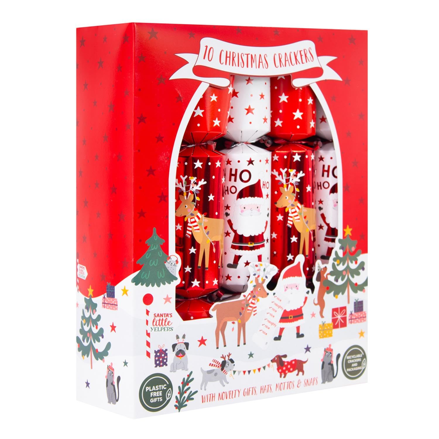 Yöl Santa & Reindeer Set Of 10 Christmas Crackers Santa And Reindeer White And Red Festive Table Decor Xmas Party Family