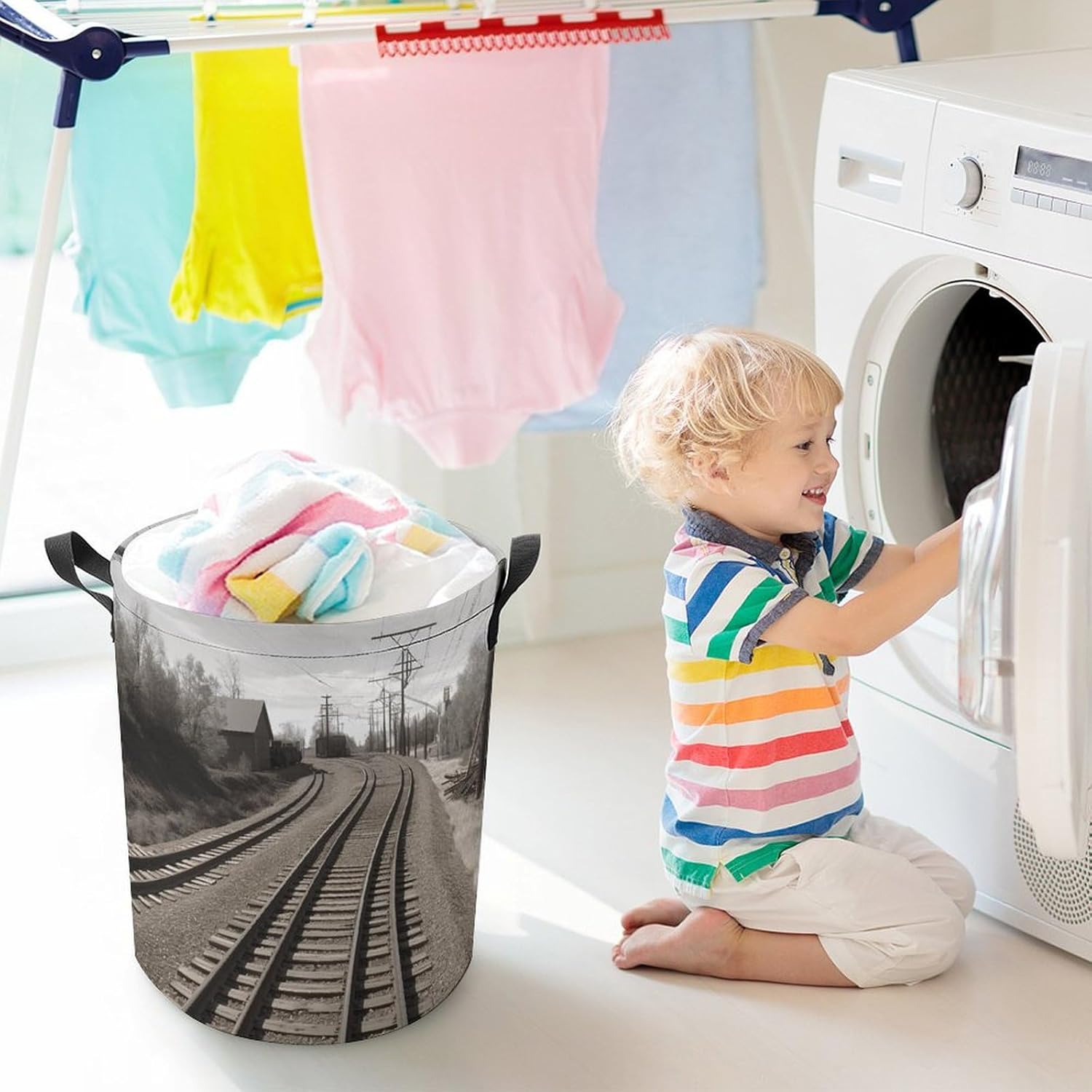 Train Track Laundry Basket Freestanding Laundry Storage Hamper Collapsible Tall Clothes Hamper with Extended Handles for Clothes Toys, Large size