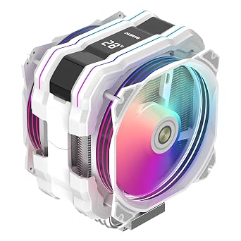 مبرد وحدة المعالجة المركزية ALSEYE M120D Plus باللون الأسود مع شاشة عرض درجة الحرارة، ومروحتين ARGB وPWM، و6 أنابيب حرارية نحاسية، ومتوافق مع Intel LGA1700/1200/115X/2011/2066/1366 وAMD AM4/AM5 باللون الأبيض