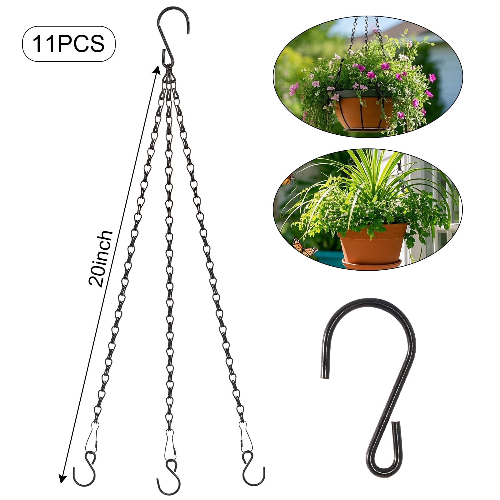 Ishua 11pcs Hanging Basket Chain with Hooks, 20inch Hanging Chain for Sign, Plants, Crafts, Stained Glass, Picture (Black)