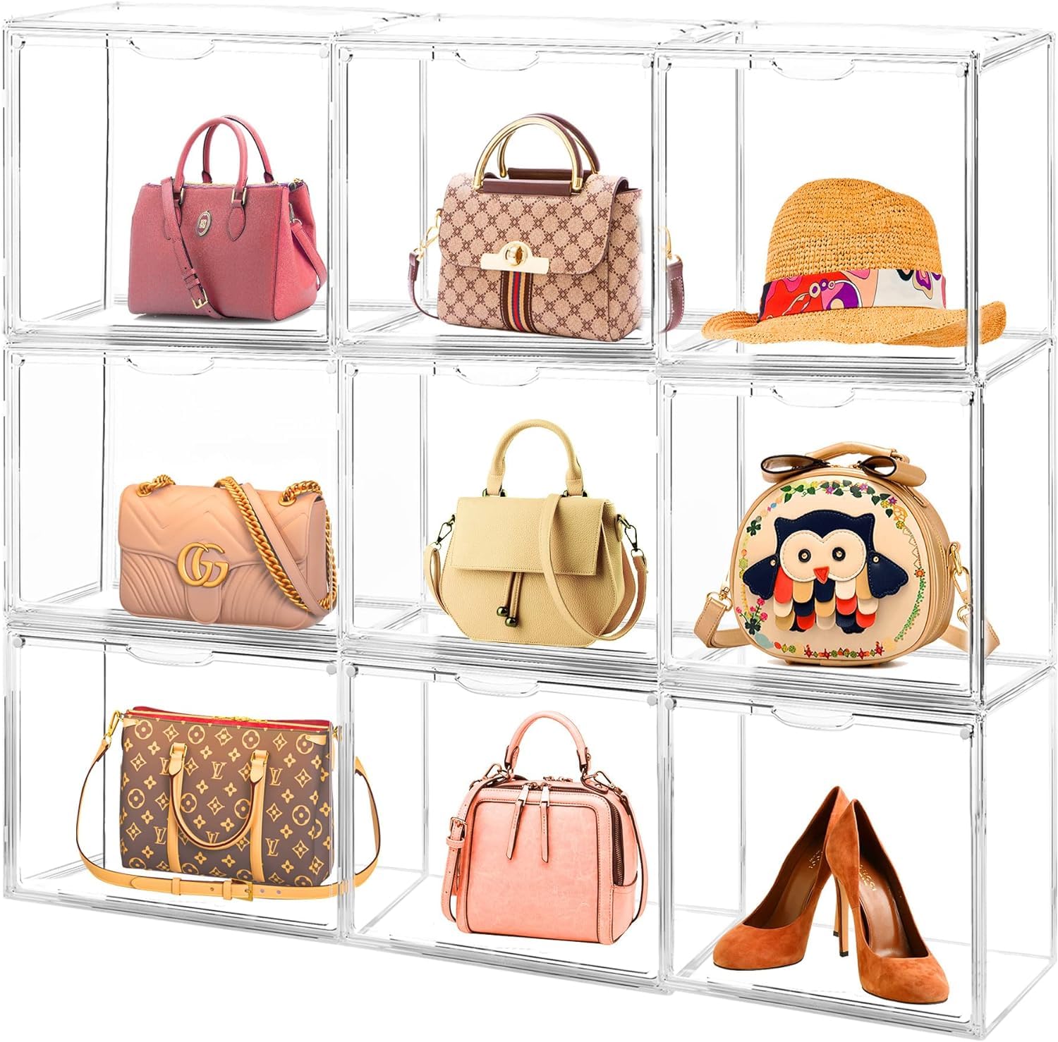 Purse Organizer for Closet, Cutora 4 Pack Clear Acrylic Display Case Handbag Storage Organizer Box with Magnetic Door Stackable with Dustproof Lid for Books Toys Shoes Cosmetics Collection