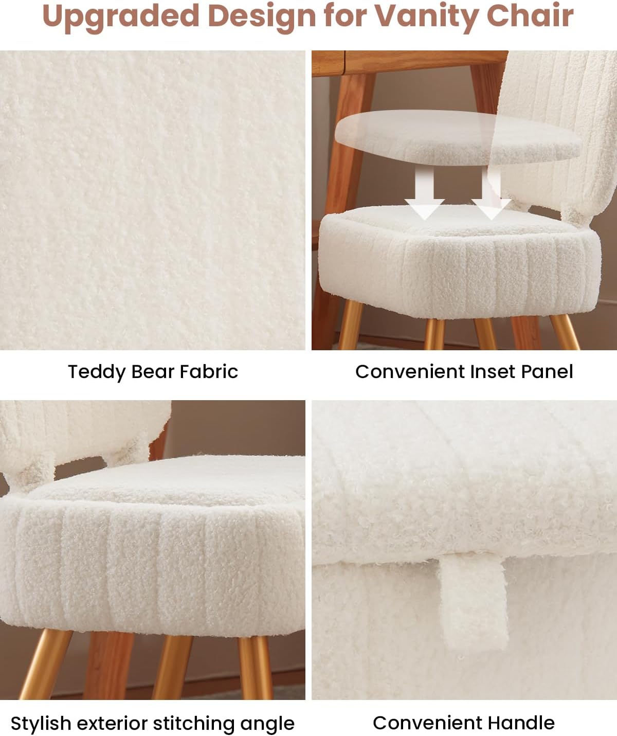 Updated Vanity Chair, Storage Ottoman with Folding Back & Gold-Toned Metal Legs, Ottoman Seat with Teddy Velvet for Dressing Room Living Room Bedroom, 16" x 12.5" Inch