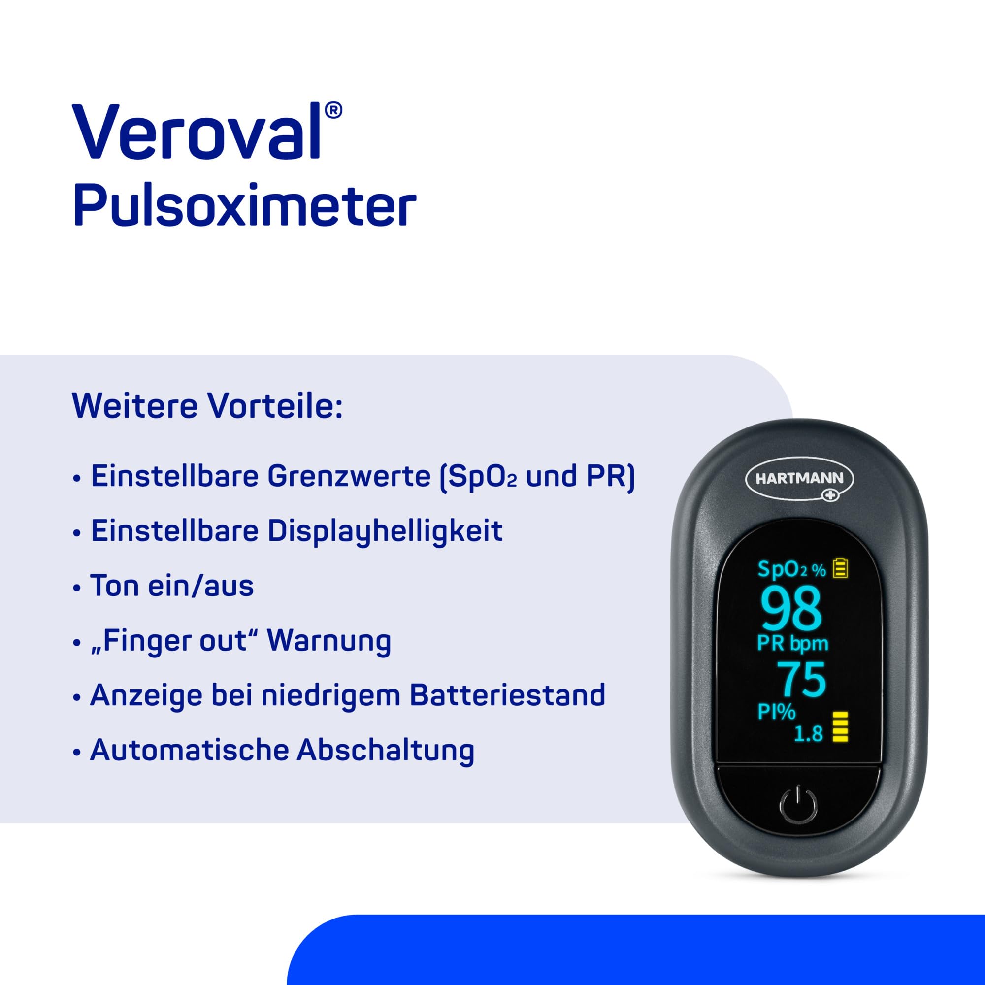 Veroval® Pulsoximeter | Messung von Sauerstoffsättigung (SpO₂), Herzfrequenz (Puls) & Durchblutung (Perfusionsindex) am Finger | Klinisch validiertes Messgerät mit OLED-Farbdisplay | 1 Set
