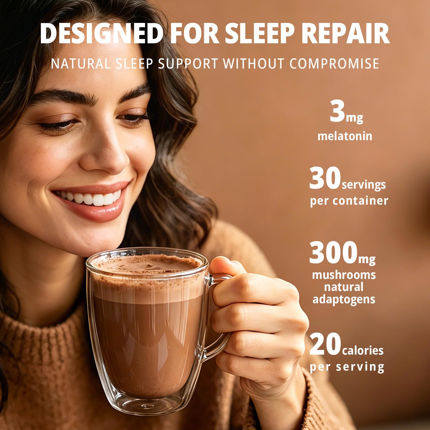 Mushroom Hot Cocoa Powder, Natural Sleep Nighttime Powder, Calm Drink Mix with L-Theanine, Apigenin, Reishi, Magnesium & Melatonin, Sleepy Hot Chocolate for Relax & Focus, Brownie Batter, 30 Servings — Amazon image 4