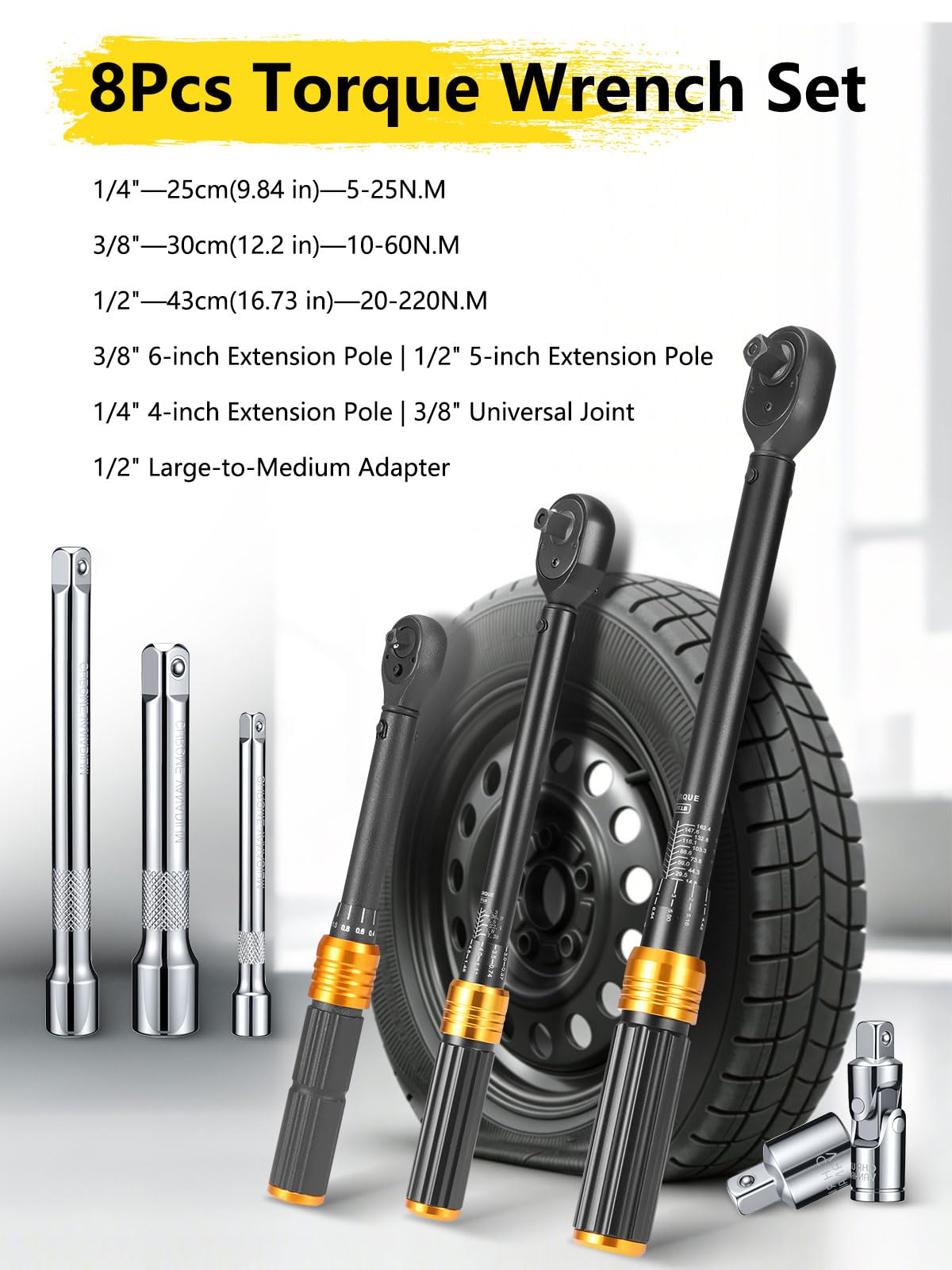 Juego de llaves dinamométricas de 3 piezas (1/4", 3/8", 1/2"), carraca de 72 dientes, ± 3% de precisión con 3 extensiones y 2 adaptadores – Herramienta profesional para bicicleta, moto, coche