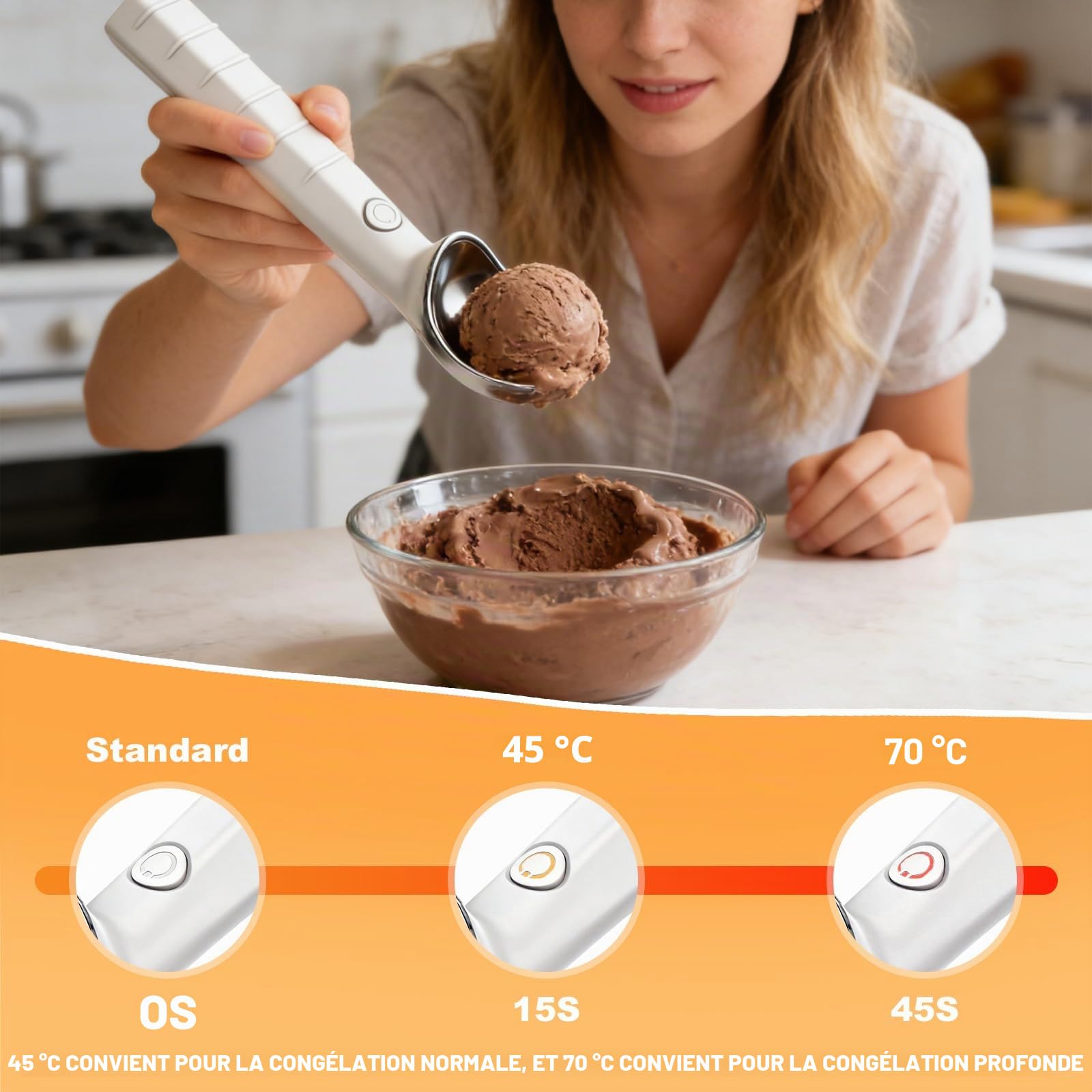 Cuillère à Glace Chauffante, Cuillere Glace Boule électrique | Chauffe à 45/70 °c, Rechargeable Pour Crème Glacée, Gelato Ou Yaourt Glacé, Facile Pour Les Personnes âgées Et Les Enfants