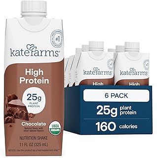 KATE FARMS Organic High Protein Chocolate Nutrition Shake, 25g Protein, 6g Fiber, 27 Vitamins and Minerals, 0g Sugar, Protein Drink, 11 oz (6 Pack)