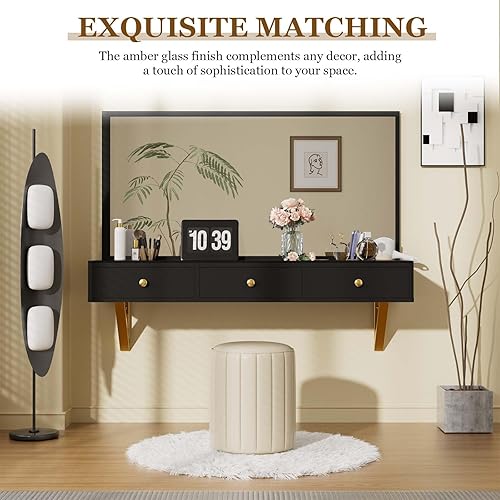 Miniatura 8 de Tocador de maquillaje blanco flotante con espejo LED y almacenamiento, escritorio de tocador montado en la pared para espacios pequeños, dormitorio