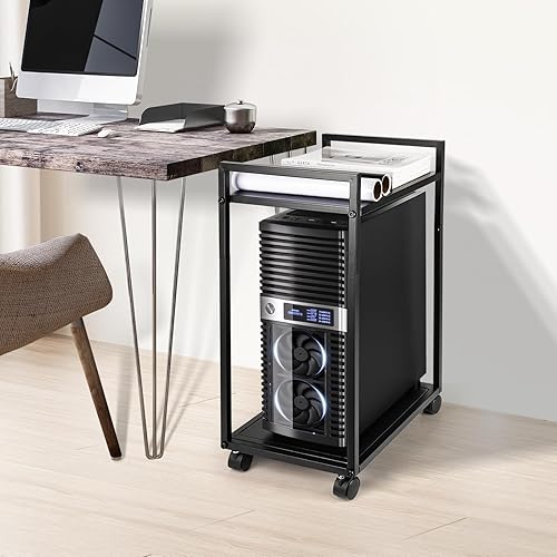 Miniatura 6 de Soporte de torre de computadora de 2 niveles con 2 ganchos y ruedas giratorias de bloqueo debajo del escritorio para oficina y hogar (S)