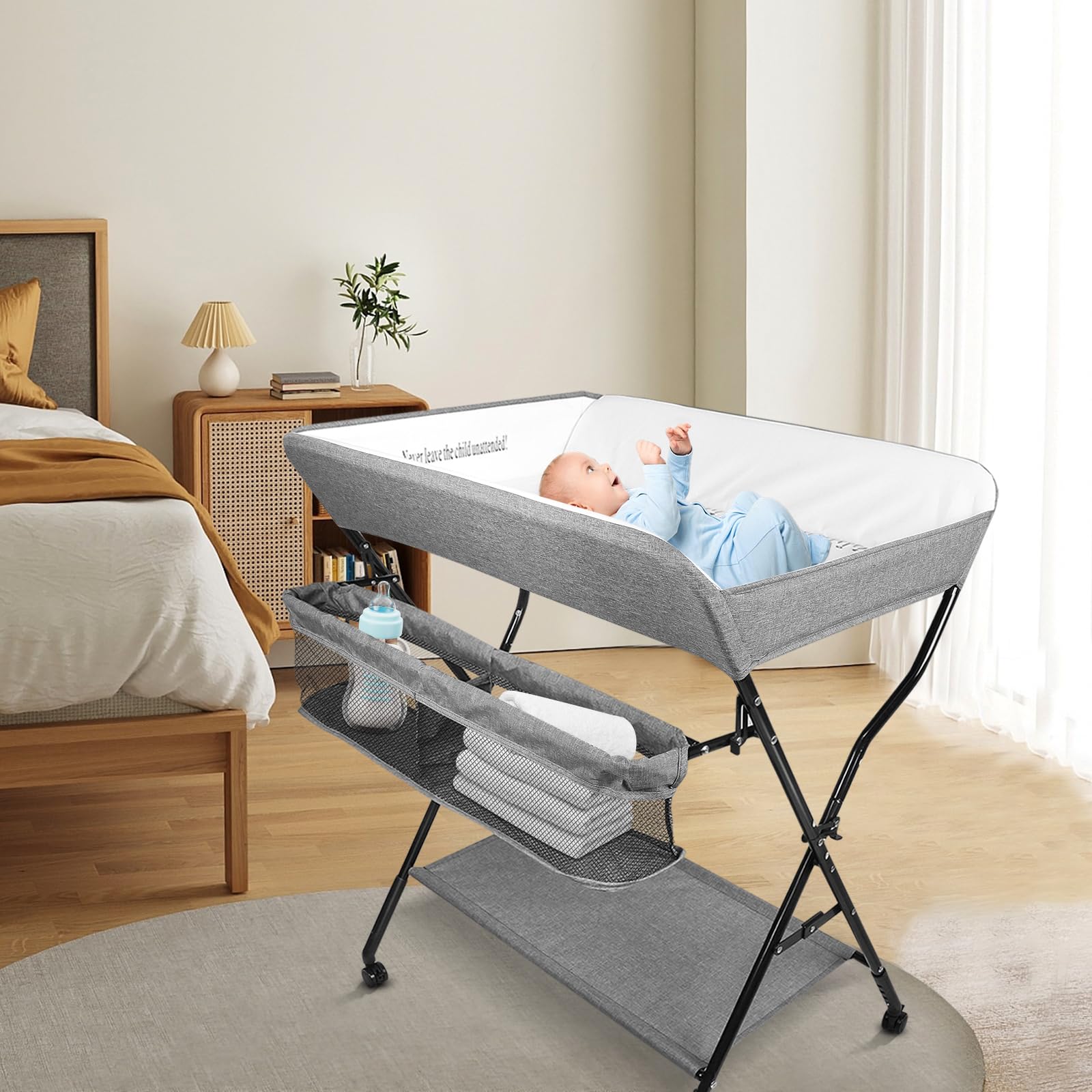 OHMG Cambiador plegable para bebé, cambiador con ruedas, cambiador móvil con cambiador, cinturón de seguridad y compartimentos de almacenamiento, resistente al agua y altura ajustable, estable