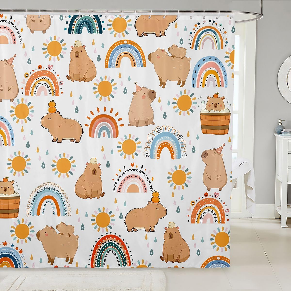 jejeloiu Capybara Shower Curtain 72"x78" Kids Rainbow Bathroom Shower Curtain Set for Teens Cartoon Waterproof Cute Kids Bathroom Accessories Kawaii